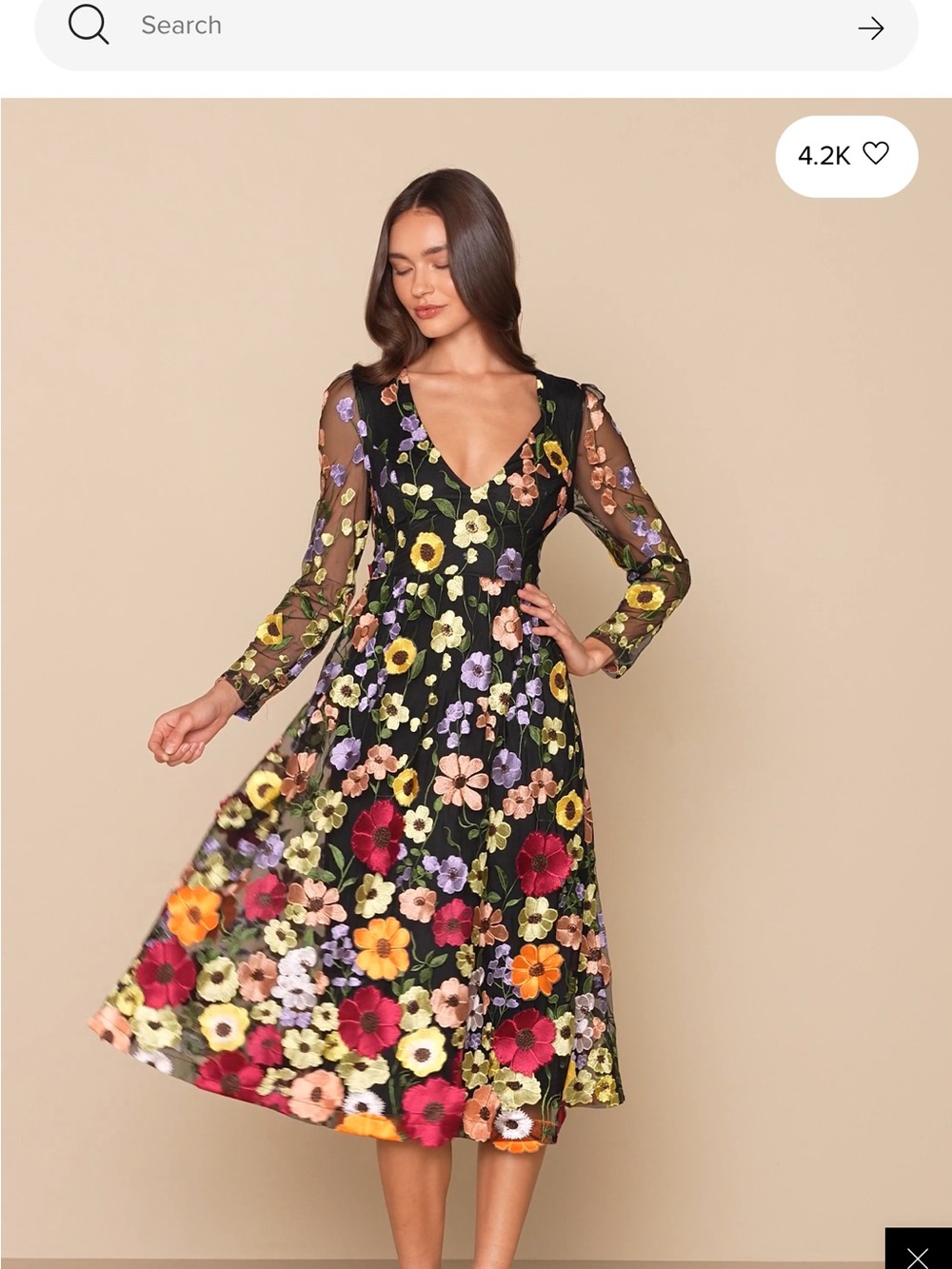 NWT Lulu's Black Floral Mesh Midi Dress with Multicolor 3D Embroidery